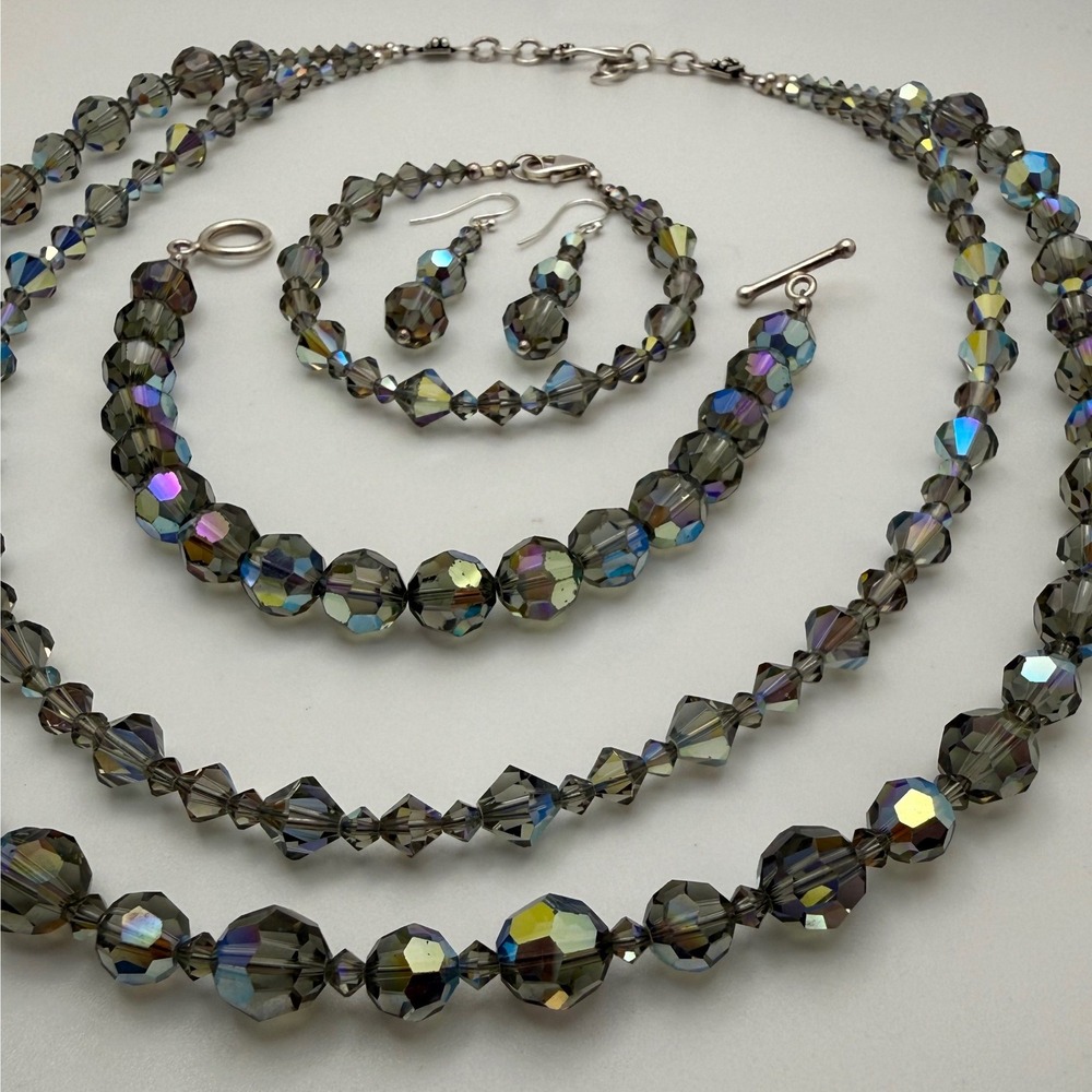 Handmade Swarovski Crystal Sterling Silver Necklace 2 Bracelets Earrings Set